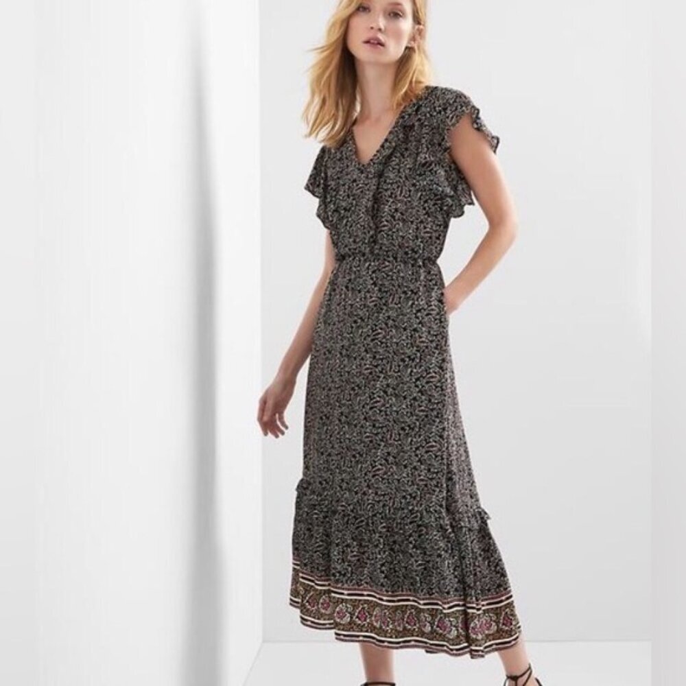 GAP Floral Print Ruffle Flutter Tiered Midi Dress, size S